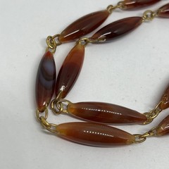 Vintage Art Deco Carnelian Agate Marquise Bead Y Necklace Gold Tone Link 20”