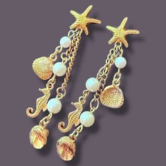 Starfish Earrings Seahorse Shell Dangle Vintage Gold Tone Faux Pearl Pierced