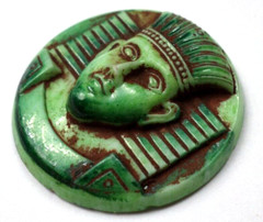Vintage Czech Egyptian Revival Green King Tut Pharaoh Round Cabochon, Cab, 30mm