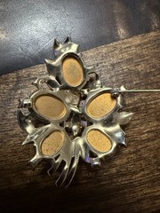 Vintage Joseph Mazer Jomaz Golden Ridged Moonstone Cabochon & Rhinestone Brooch