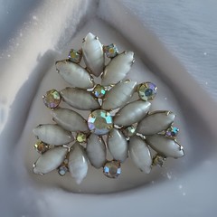 Vtg Rectangle GoldTone Brooch AB Rhinestone White Milk Glass Marquise Stones B30