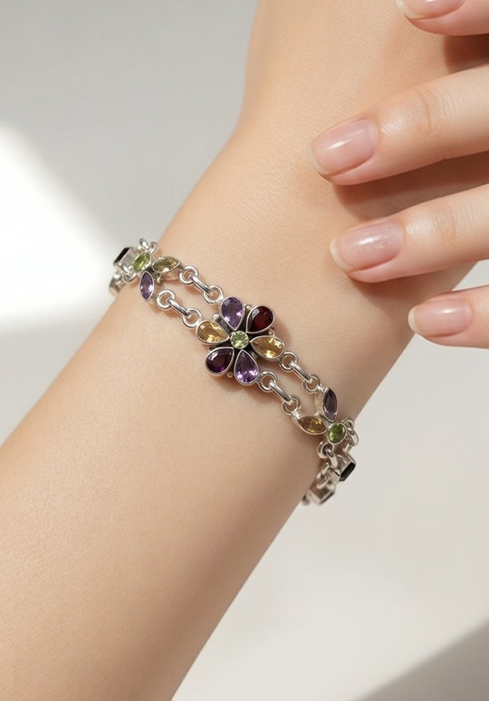 Sterling Silver Bracelet Flower Multi Gemstone Amethyst Peridot Citrine Garnet