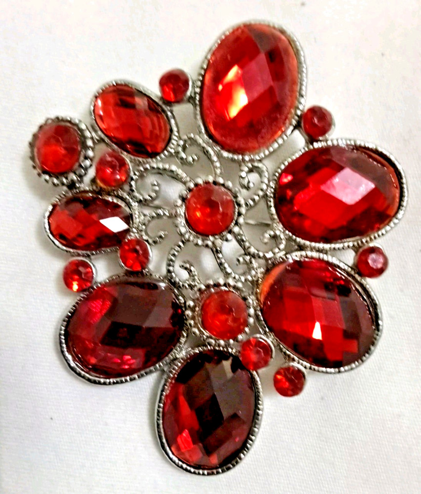 Vintage Rhinestone Red Statement Brooch Or Pendant Dual Purpose 2.5 In X 1.75 In