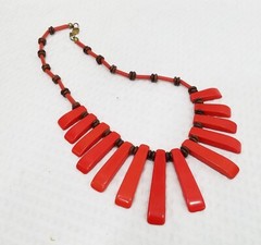 Vintage Boho Ethnic Tribal Style Red & Brown Spear Sunburst Bib Necklace