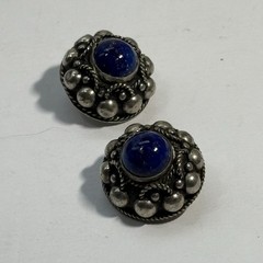 VTG ALB ITALY Clip Back Blue Lapis Art Glass Earrings Round Ornate Silver 7/8″