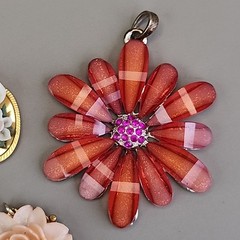 Vintage Flower Pendant Lot of 6 Red Peach Celluloid Acrylic Resin