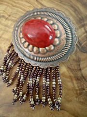 Artisan Red Oval Cabochon Brooch – Copper Tone Beaded Fringe Southwest Boho Pin