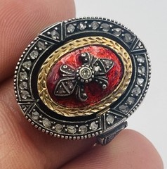 Antique Victorian 19k Gold & Sterling Silver Rose Diamond Enamel Flip Ring