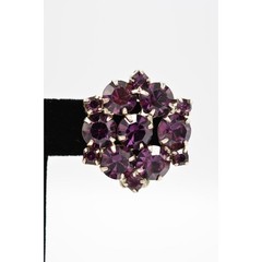 Vintage Purple Crystal Clip On Earrings Round Prong Silver Chunky 1960s BinAG