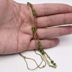 Vintage Station Necklace Faux Jade Beads Filigree Links Gold Tone Chain 32”