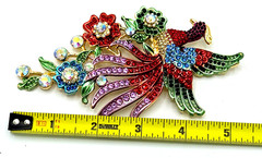 Large Peacock Brooch Pin Multi Colored Crystal Rhinestone Beautiful Gold Tone 5″