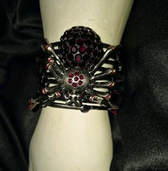 Vintage Spider Statement Ruby Red Rhinestones Silver Adjustable Cuff Bracelet