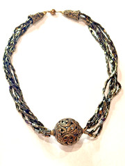IRIDESCENT BRONZE BROWN BEAD GOLD FILIGREE BALL PENDANT 5 STRAND 22″ Necklace EU