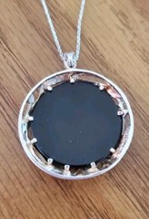 Vintage Retro Sterling Silver Pendant Necklace Round Onyx Marcasite