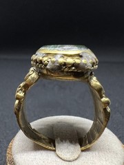 Rare Old Bronze Ring Carved Green Stone Animal Motif Antique Size 9 US