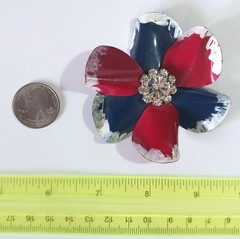 Vintage Metal Flower Brooch w White Rhinestone Center & Red Blue White Petals
