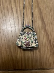 VCLM Tiny Purse Pendant Necklace Silver Tone Enamel Rhinestones Vtg Coquette