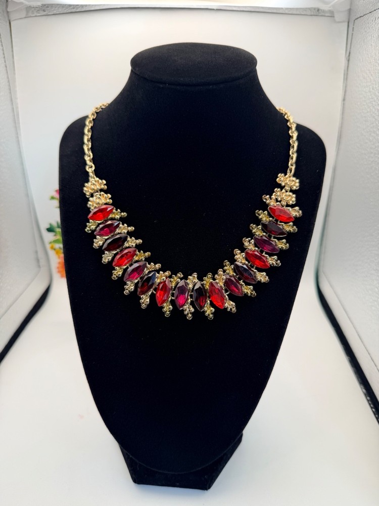 Vintage Napier Red Marquise Rhinestone Gold Tone Statement Necklace 18 Inch