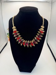 Vintage Napier Red Marquise Rhinestone Gold Tone Statement Necklace 18 Inch