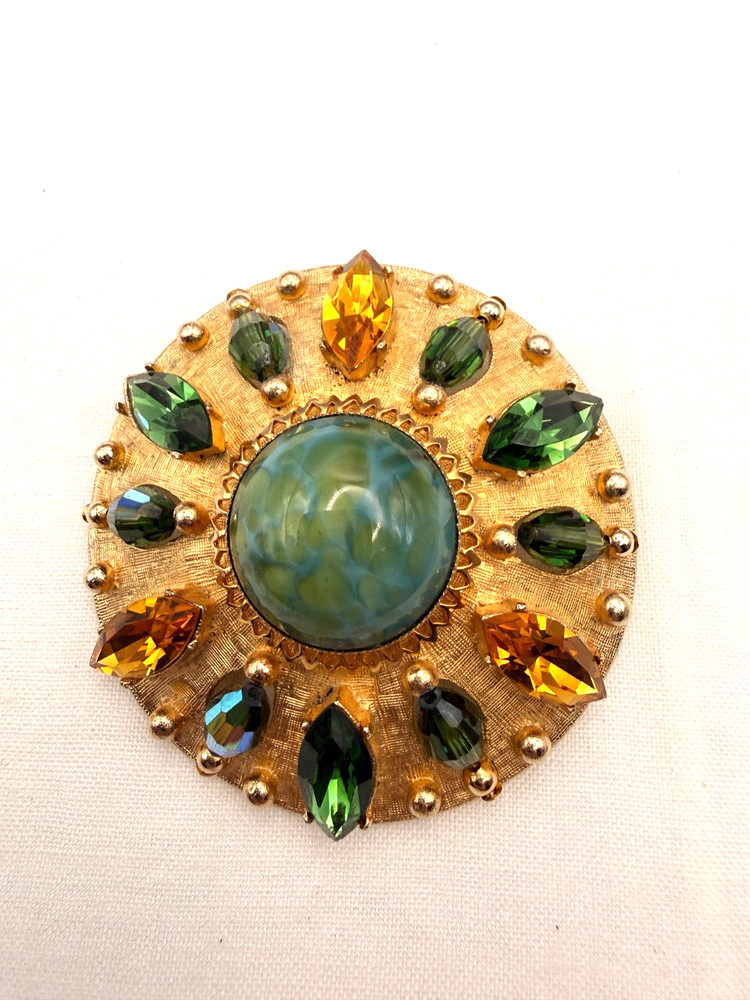 Vintage Accessocraft Brooch Pendant Green Gold Rhinestone Gold Tone Sunburst