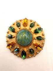 Vintage Accessocraft Brooch Pendant Green Gold Rhinestone Gold Tone Sunburst