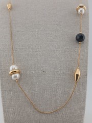 Gold Tone vintage stations chain faux pearls black & gold beads design necklace