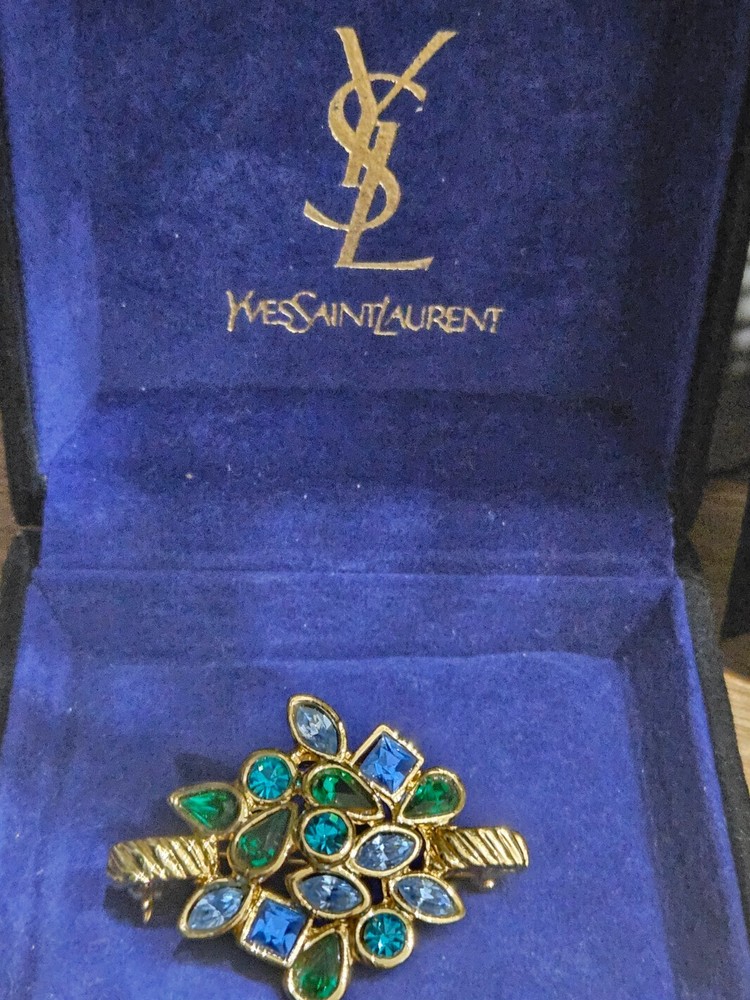 Vintage YSL Yves Saint Laurent Brooch Pin Blue Green Crystal Gold Tone With Box