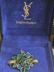 Vintage YSL Yves Saint Laurent Brooch Pin Blue Green Crystal Gold Tone With Box