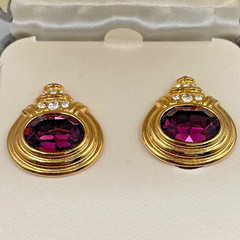 Nolan Miller Amethyst-Crystal Gold-Tone Clip On Earrings 1990s Dynasty Glamour
