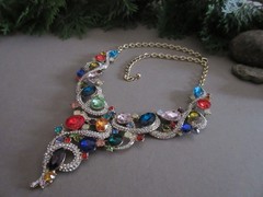 Colorful Rhinestone Gold Tone Large Bib Statement Necklace