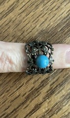 vintage ornate free size ring with turquoise colored stone – size 4.5-5