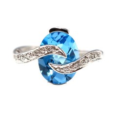 14k Solid White Gold Natural Blue Topaz and Diamond Over the Top Ring Size 6.75