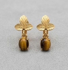 Vintage 1/20 12K GF Gold Filled Tigers Eye Leaf Clip On Screw Back Earrings