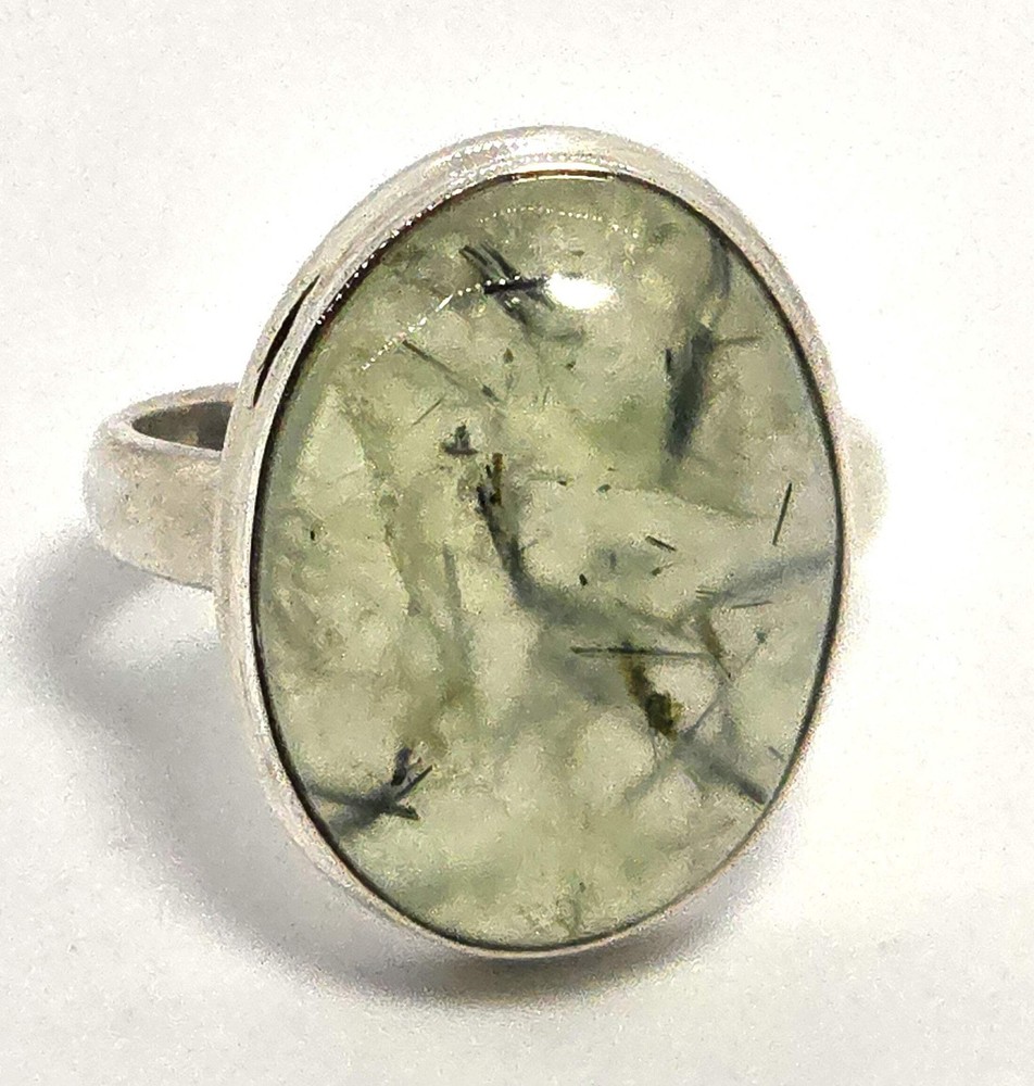 Prehnite gemstone open work large green gemstone sterling silver ring size 8.5