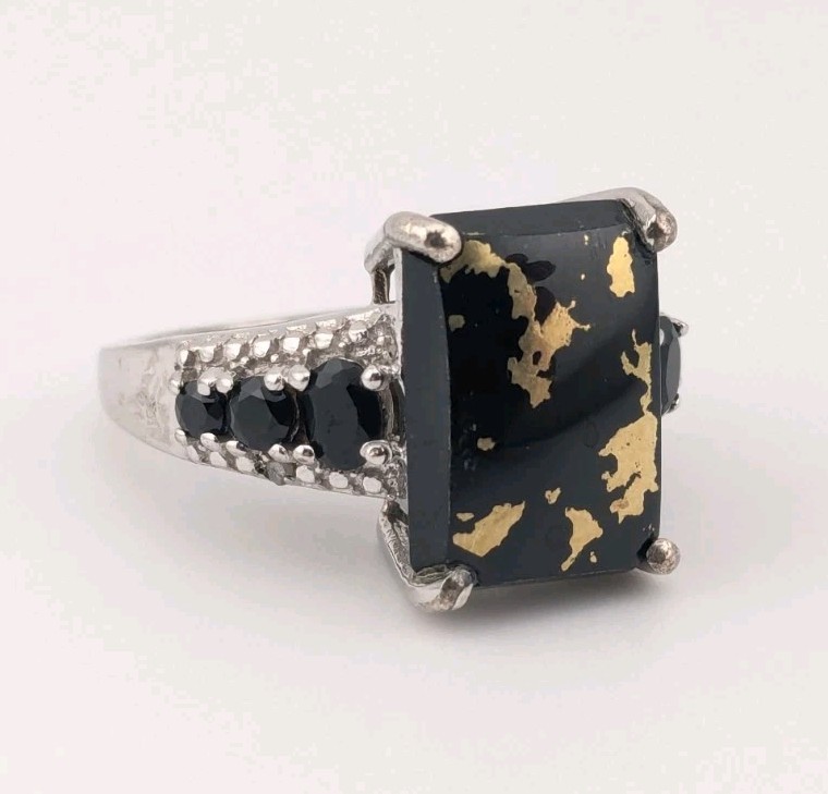 Vintage Sterling Silver Ring Black Tourmaline Gold Matrix Filigree STS Size 6.75