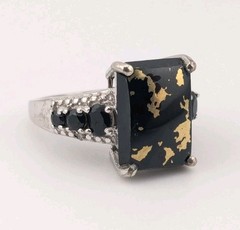 Vintage Sterling Silver Ring Black Tourmaline Gold Matrix Filigree STS Size 6.75