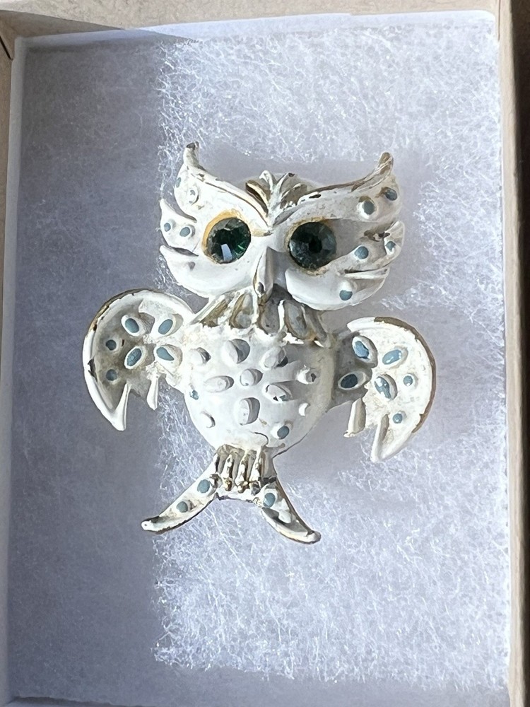 Antique Vintage Trafari Owl Green Eye Pin Enamel Pet Collection Brooch Jewelry
