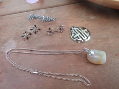 #33W antique set of 3 rhinestone earrings 1 necklace 13.5″ in long