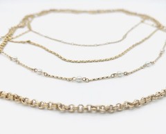 Vtg-Multi-Layer GOLD TONE-Chain NECKLACE-Faux Pearls-LONG LAYERED-Statement