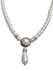 Vintage Plastic Faux Pearl Beaded Drop Necklace Clear Rhinestone Halo