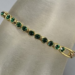 VTG Green Rhinestone Tennis Bracelet Gold Tone Faceted Glass Bezel Fold Over 7″