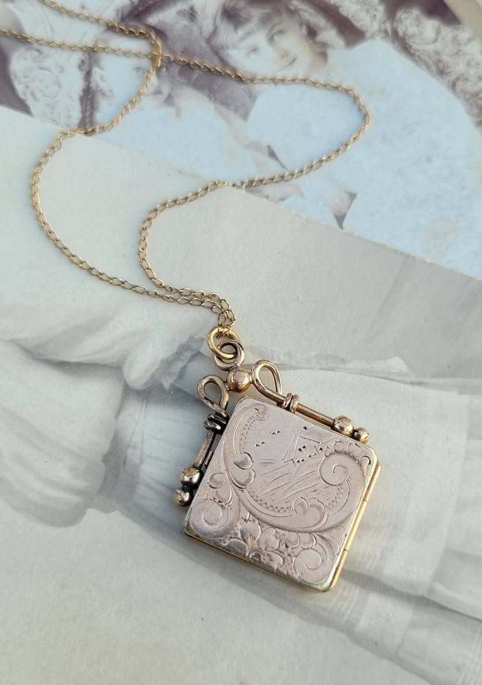 Antique W&H Co 10k Gold Shell “GCL” Monogram Etched Floral House Locket Necklace