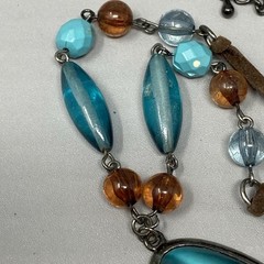 Pendant Necklace Blue Brown Glass Beads Acrylic Teardrop Brown Cord Chain Collar