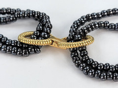 Vintage Gray Glass Bead Gold-Tone Link Beaded Necklace 36 in Fold Over Clasp