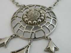 Vintage Lisner Statement Round Dangle Pendant Necklace Open Work Silver Tone