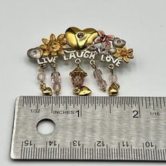 Vintage Garden Floral Heart Dangle Brooch Pink Bead Charm Statement Pin Signed
