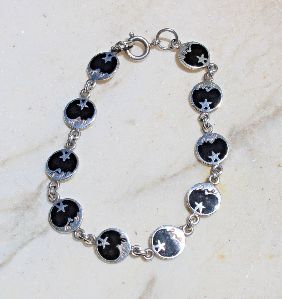 Vintage Sterling Silver 925 Celestial Bracelet Stars Moon Black Enamel