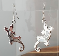 VTG 925 Gecko Lizard Earrings 1.5in Drop Sterling Silver 3gtw White MOP Inlay