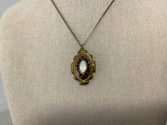 VTG/Antique brass?Czech? Garnet rhinestones Opalite glass pendant necklace 18″