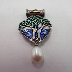 Vintage Sterling Silver 925 Enamel Tree of Life Pendant with Natural Pearl 3g